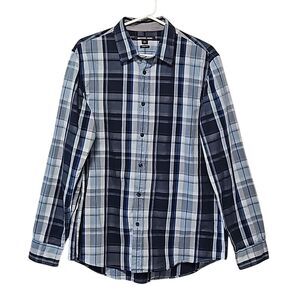 Michael Kors Long Sleeve Button Down Men's Shirt Blue Gray Plaid Size L